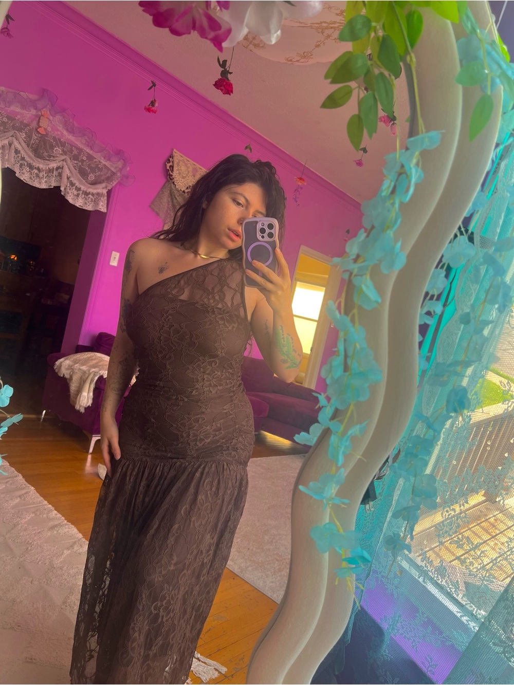 One-Shoulder Brown Lace Maxi Dress